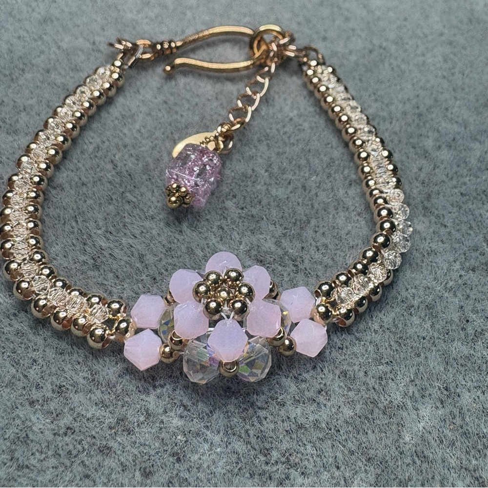 Artisan Handcrafted Hand Sewn Beaded Bracelet Mermaid Glass Pink Gold